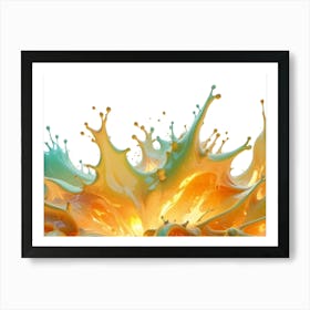 A Splash Of Blue And Orange Liquid, Creating An Abstract Shape On A White Background Art Print