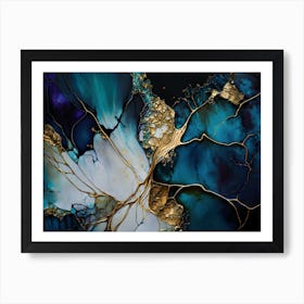 Blue Gold White Alcohol Ink Fluid Art Painting Art Print