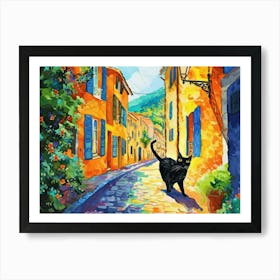 Nice, France   Cat In Street Art Watercolour Painting 3 Art Print