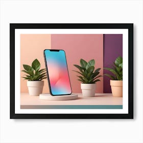 A Modern Smartphone Stands On A White Pedestal Between Three Potted Plants On A Shelf With A Background Of Pink, Orange, And Purple Walls Art Print