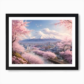 Sakura Serenity: A Pastel Dream of Cherry Blossoms and Snowy Peaks Art Print