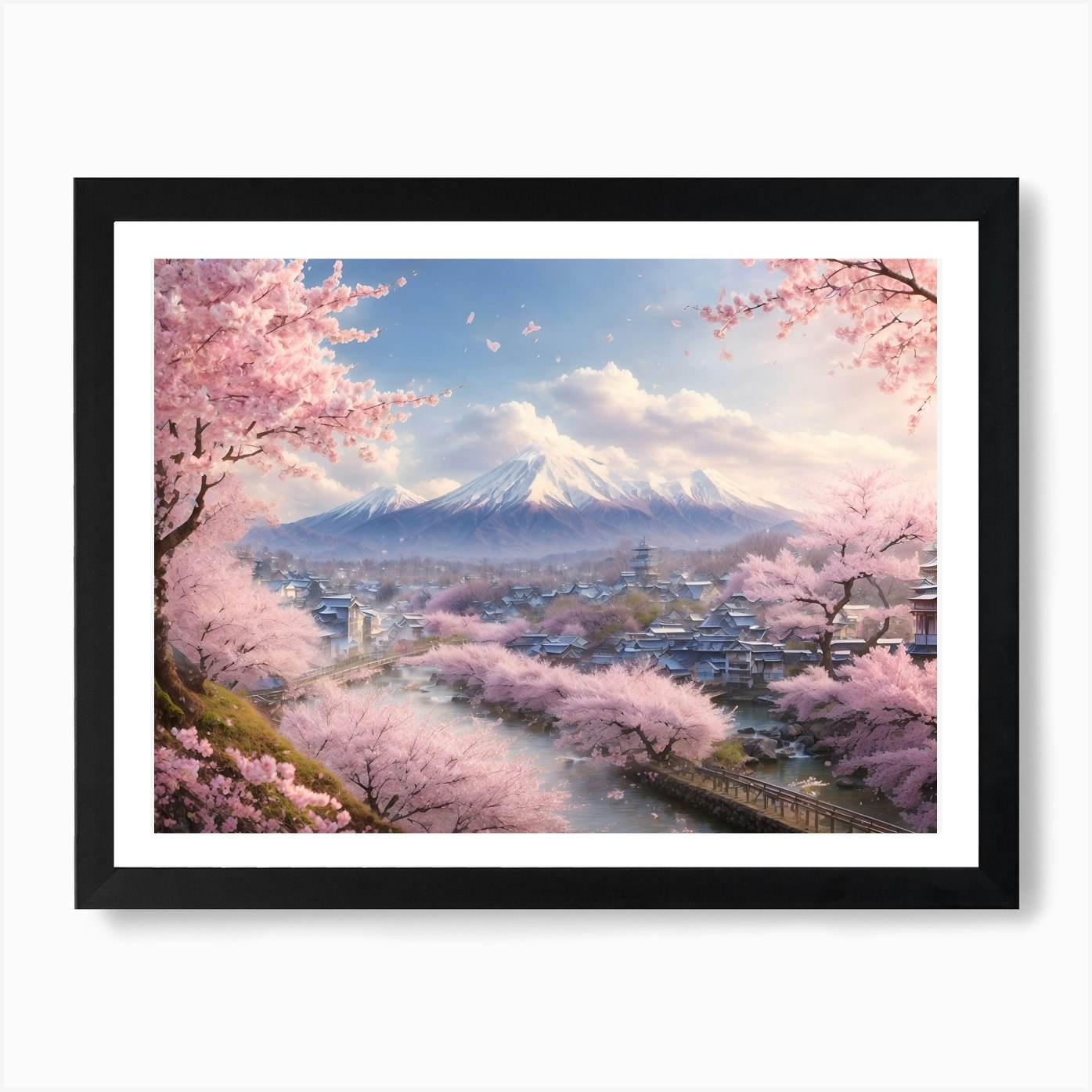 Pagoda and Cherry Blossoms - Beautiful Japanese Watercolor Landscape | Art  Board Print