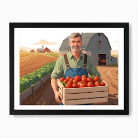 Smiling Farmer Holding A Crate Of Vegetables In Front Of A Barn Art Print