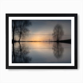 Reflection of trees in the lake at sunset Art Print