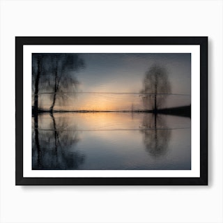 Reflection of trees in the lake at sunset Art Print