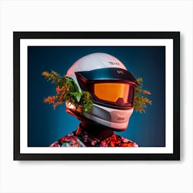 Futuristic Helmet Aglow With A Vibrant Plant Adorns A Portrait Subject Bright Orange Vs Dark Back Art Print