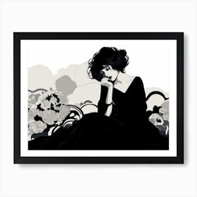 Sad Girl In A Black Dress Flowers Art Print