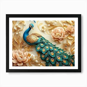 3d Artwork Peacock With Golden Jewelry And Flowers Art Print