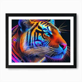 Bengal Tiger Head As A Bright Digital Neon Color Painting Art Print