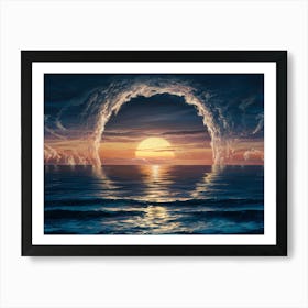 Looking Over The Ocean At A Sunset with clouds forming Portal at the Horizon Art Print