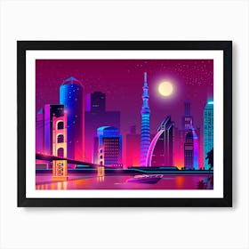 Cityscape At Night - Synthwave Neon City Art Print