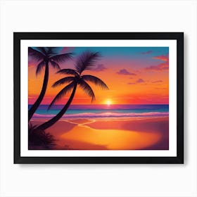 A Tranquil Beach At Sunset Horizontal Illustration 7 Art Print