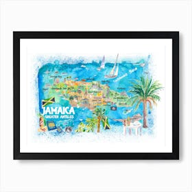 Jamaica Antilles Caribbean Illustrated Travel Map With Roads And Highlights Art Print