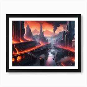 Cyberpunk city with lava and river 8 Art Print