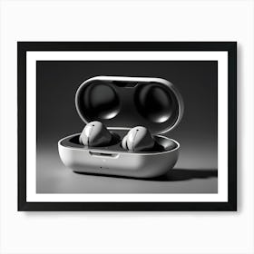 A Minimalist Image Of A White Case With Two Wireless Earbuds Inside, Representing A Modern Technology Product Art Print