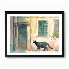 Black Cat In Rimini, Italy, Street Art Watercolour Painting 3 Art Print