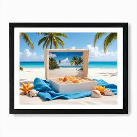 A Beach Scene With A White Box Opened To Reveal A View Of A Tropical Beach Inside The Box Art Print