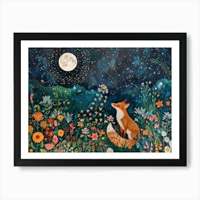 Cottagecore Enchanted Fox Under The Full Moon Light | Botanical Print Painting for Mystical Wall Art | Cottage Country Nursery Decor Library Art Print