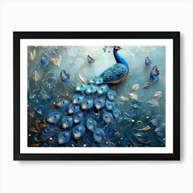 3d Blue Peacock Art with Butterfly 1 Art Print