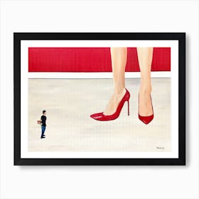 Say It With Flowers Surreal Small Man Apologizing To Giant Woman In Red Heels Art Print