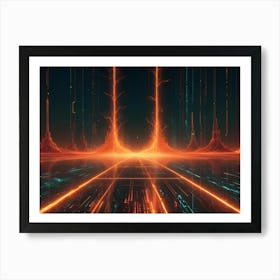 A Futuristic Landscape With A Road Leading Through A Digital Forest, Glowing With Orange And Teal Lights Art Print