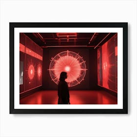 A Woman In Silhouette Stands In A Red Lit Room, Surrounded By Screens Displaying Abstract, Geometric Patterns Art Print