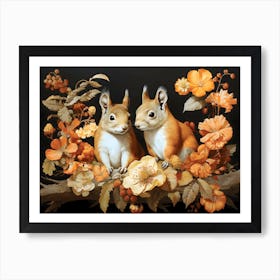 Red Squirrels In Autumn Floral Harmony Art Print