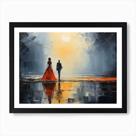 Couple Walking In The Rain Art Print