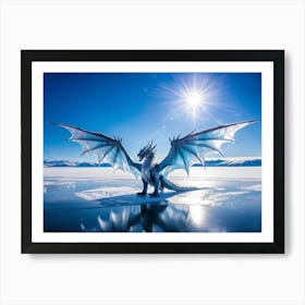 An Ice Dragon Frozen By The Ice Cold Atmosphere Its Mighty Wings Spread Wide As It Majestically So Art Print