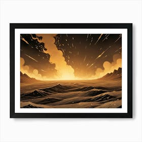 Dramatic Illustration Of A Fiery Explosion Rising Above A Desolate Desert Landscape At Night Art Print