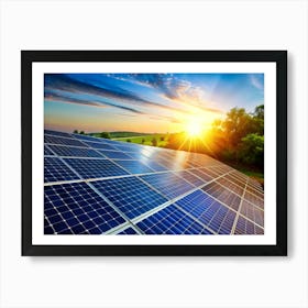 Solar Panels Arranged In Rows In A Field, With The Sun Setting Behind Them, Casting A Warm Glow On The Surrounding Landscape Art Print