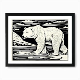 Polar Bear Cavorting In The Arctic Expanse Linocut Art, animal art, 160 Art Print