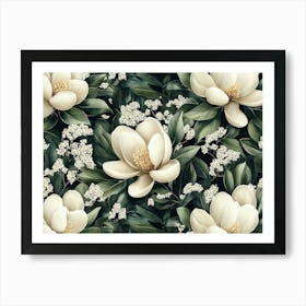 Magnolia Flowers Seamless Pattern, Luxury Floral Background Art Print