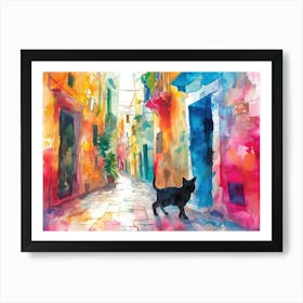 Bari, Italy   Black Cat In Street Art Watercolour Painting 3 Art Print