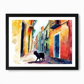 Malaga, Spain   Cat In Street Art Watercolour Painting 4 Art Print