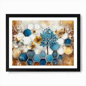 Abstract With White Lattice Tiles, Turquoise Tree and Dynamic Blue Hexagons Art Print