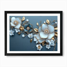 3d White and Blue Background with Golden Jewelry and Flowers 4 Art Print