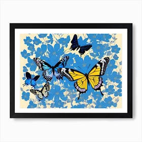 Butterflies On Blue Flowers Art Print