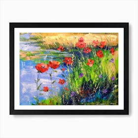 poppies by the pond Art Print