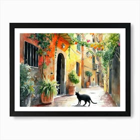 Black Cat In Palermo, Italy, Street Art Watercolour Painting 1 Art Print