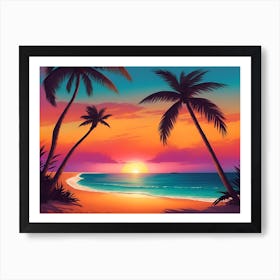 A Tranquil Beach At Sunset Horizontal Illustration 32 Art Print