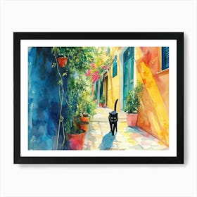 Athens, Greece   Black Cat In Street Art Watercolour Painting 1 Art Print