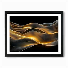 Modern Art Golden Lines Waves, Circles in Dark Art Print