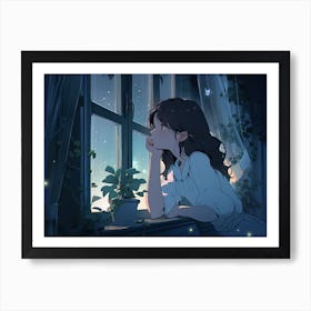 anime Girl Looking Out The Window at night Art Print