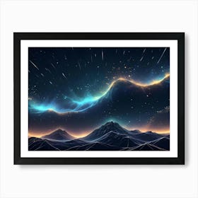 A Stylized, Low Poly Landscape Of Mountains Silhouetted Against A Night Sky With A Glowing, Blue And Orange Nebula And Shooting Stars Art Print