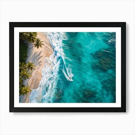 Aerial View Capturing A Single Surfer Carving Through The Azure Waves Silhouetted Against The Cryst (7) Art Print