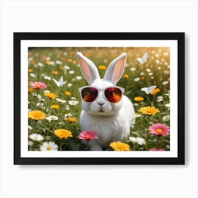 An Adorable White Rabbit Wearing Sunglasses Sits In A Field Of Colorful Flowers, With Butterflies Fluttering Nearby Art Print