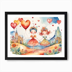 Two Girls Holding Heart Balloons - Valentine's Day water Color caricature , Love Art Print