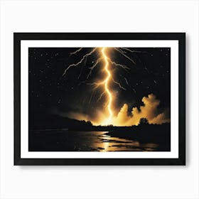 A Dramatic Image Of A Golden Lightning Bolt Striking A Landscape With A River And Trees, Creating A Sense Of Power And Energy Art Print