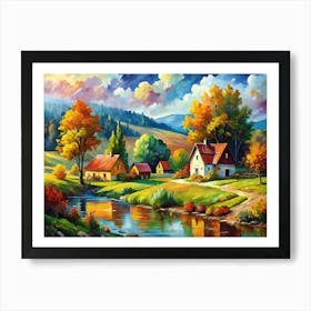 Autumn Village By The River Art Print